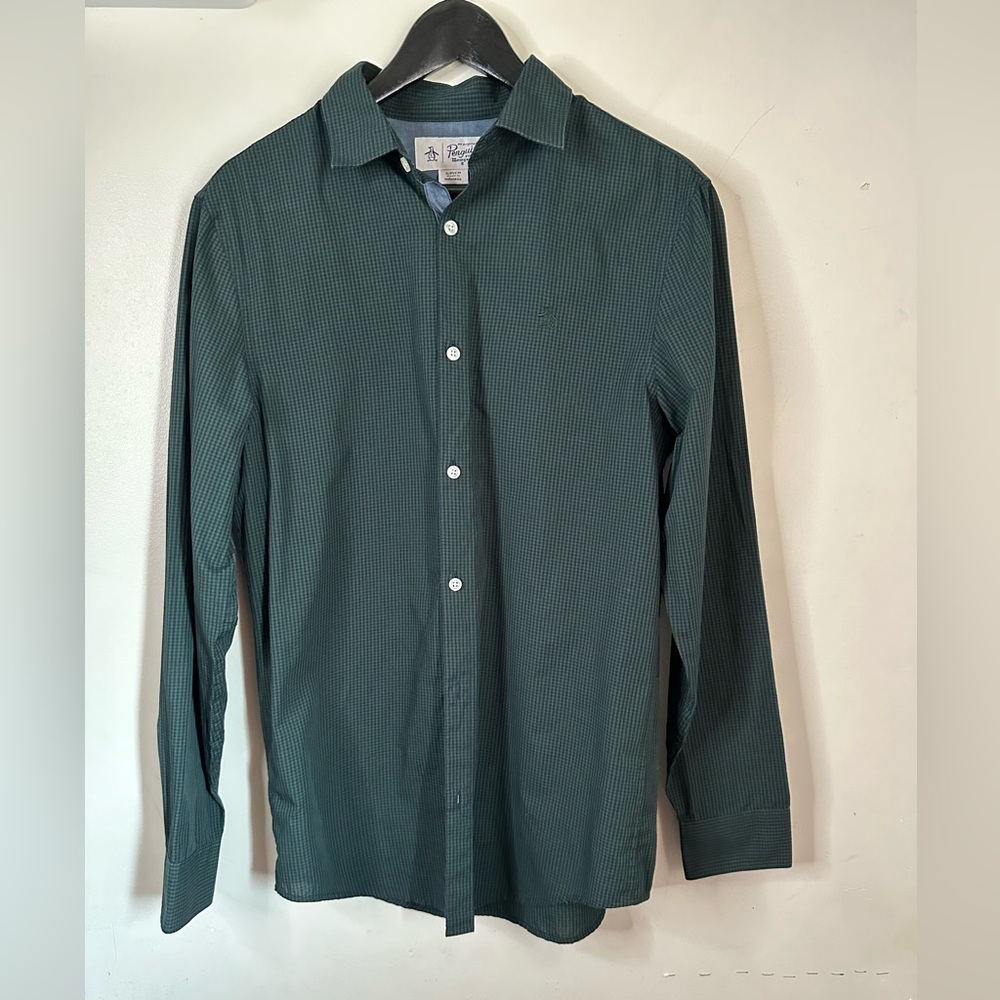 ORIGINAL PENGUIN MEN’S LONG SLEEVE MINI CHECK SHIRT GREEN SIZE SMALL
